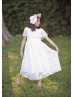 Cape Sleeve White Lace Ankle Length Flower Girl Dress
